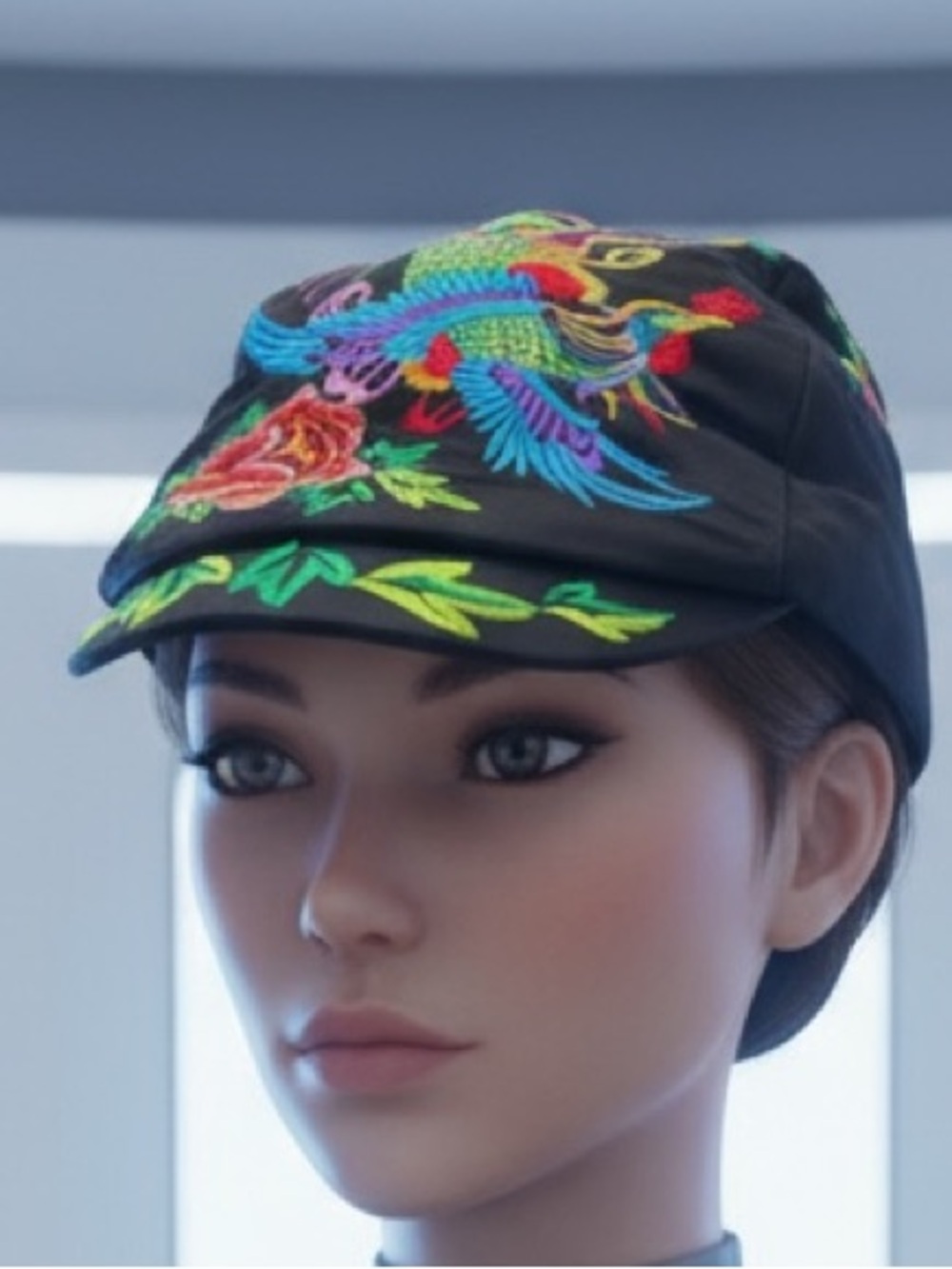 Black Embroidered Floral Baseball Cap - Vibrant Multicolor Design for Women